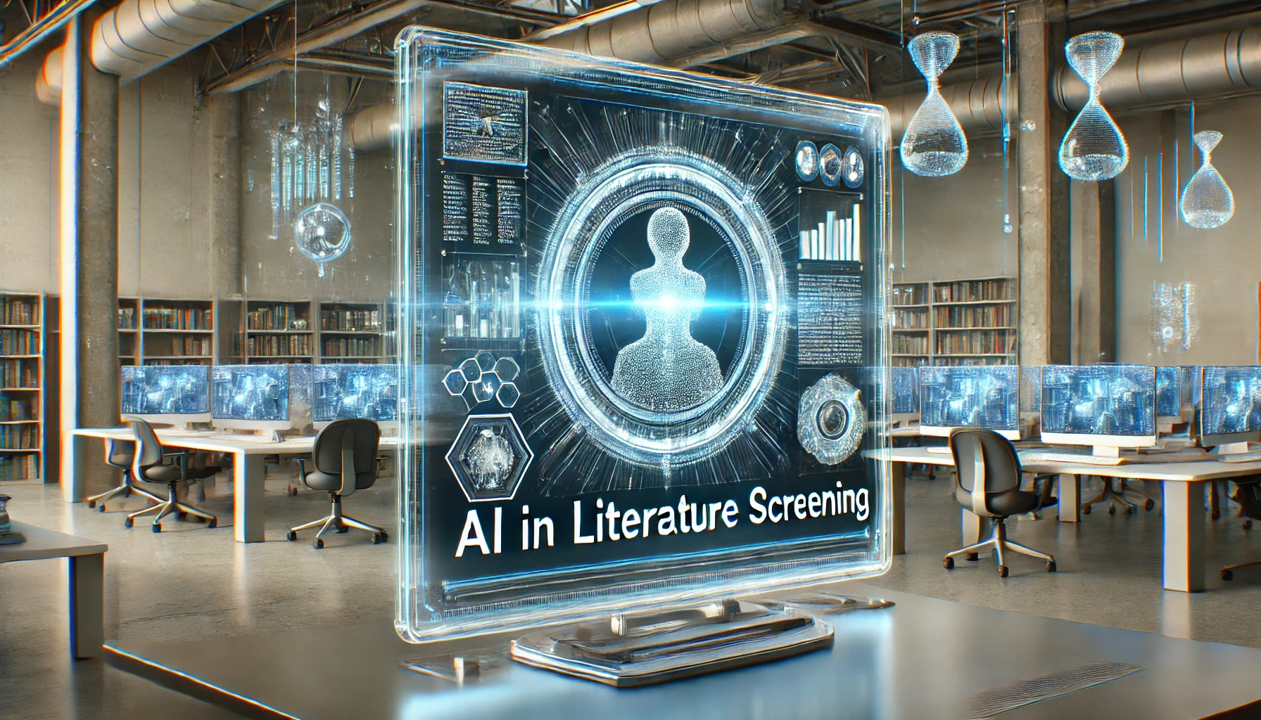 Photo depicting an AI screening literature in a library